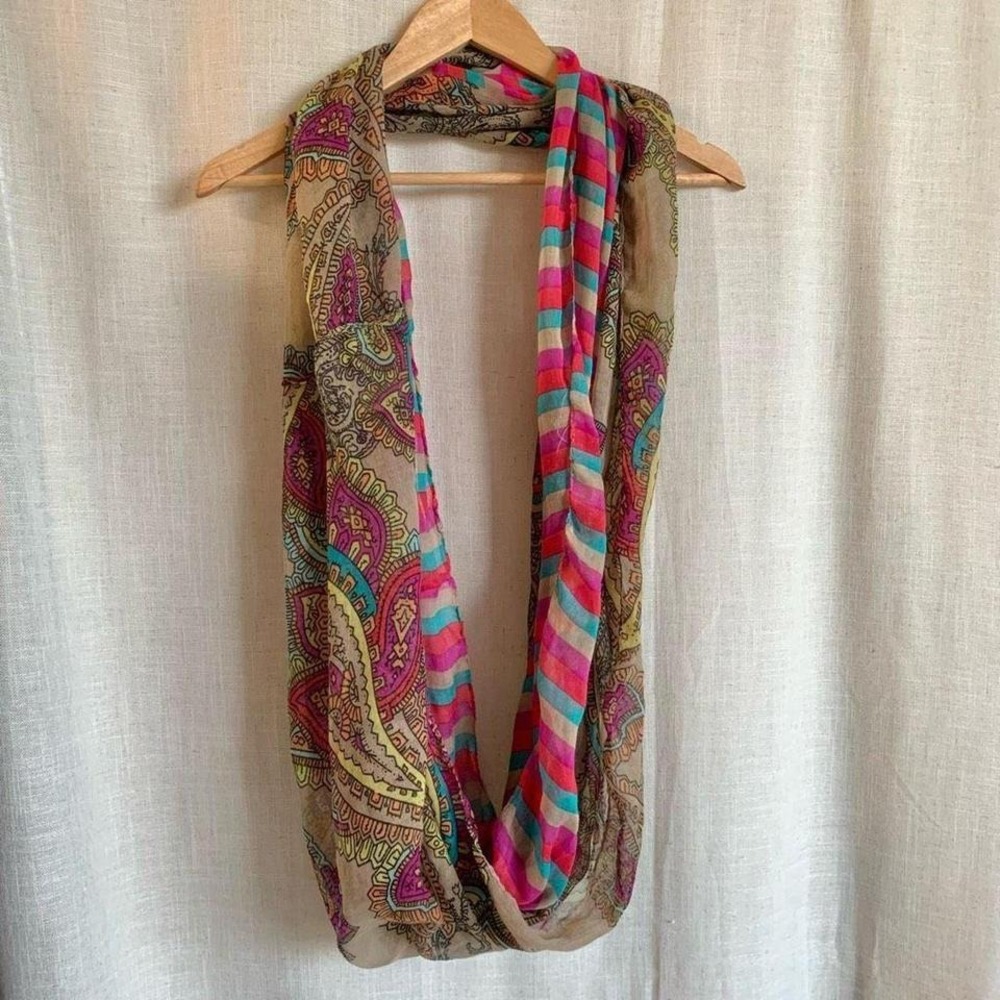 Vintage Y2K Paisley Stripe Infinity Scarf Sheer Multicolor Boho‎ Festival OS